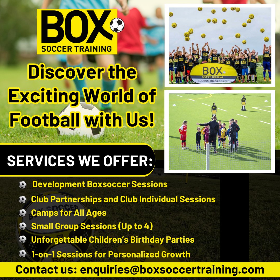⚽ Elevate your football skills with Box Soccer Training! Join us for sessions, camps, and more. Plus, make birthdays special with our Children's Birthday Parties! Contact us at enquiries@boxsoccertraining.com. 🌟 #BoxSoccerTraining