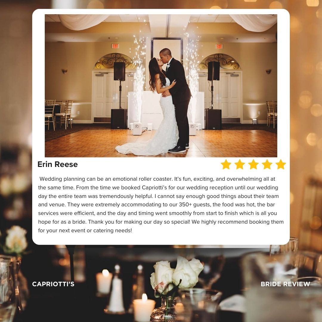 CapriottisCater's tweet photo. We're excited to announce that we  received another  5-star wedding venue review! 🌟 We are so proud and excited to keep providing unique experiences for all our happy couples. Thanks for helping us make beautiful memories 💕 #WeddingVenueReview #5Stars #MemoriesForever https://t.co/zUH1UwlNDy