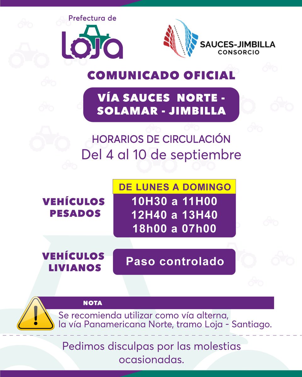 prefecturaloja's tweet photo. 🚨 ¡Atención❗
[ Vía #SaucesNorte - #Solamar - #Jimbilla ]
📅 Del 04 al 10 de septiembre

#SabemosTrabajar https://t.co/nkDlBtCzCA
