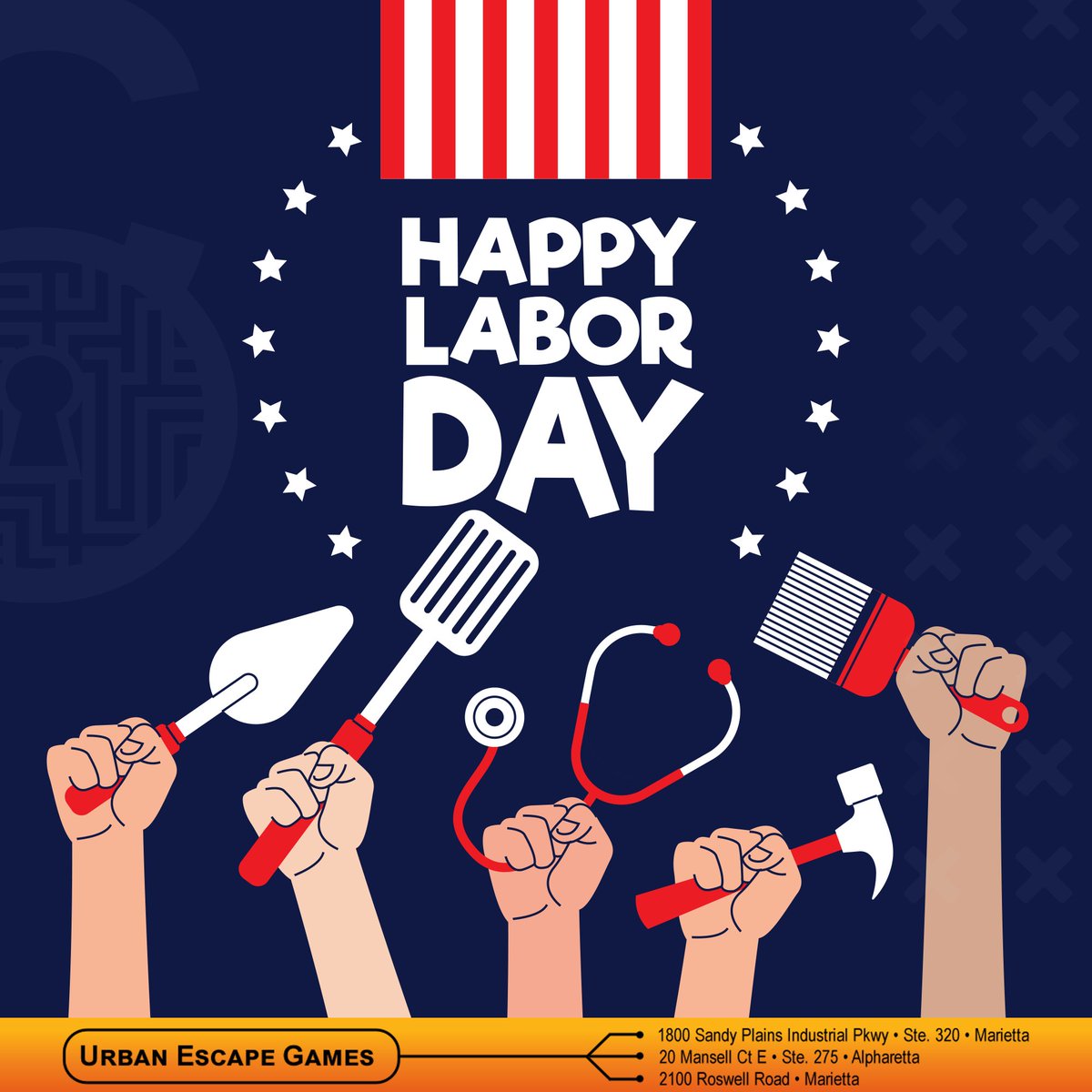 Come celebrate Labor Day with us! All THREE Urban Escape Games locations are open and ready for bookings today! Call 844-ESC-Game, or book online UrbanEscapeGames.com!