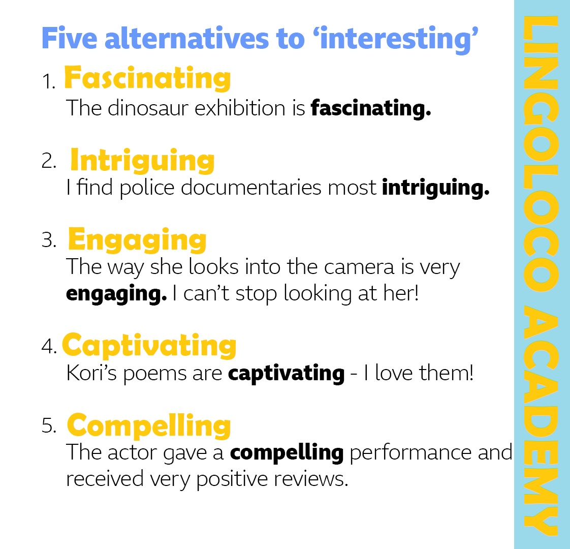 LingoLoco_PH's tweet image. 🧐Who or what do you find really interesting? Tell us below and try out one of these 5 alternatives to &apos;interesting&apos;.
(Though these words are alternatives, they may not apply to all situations.)⁠

#lingolocoacademy #eslteaching #ESL #eslteacher #vocabulary