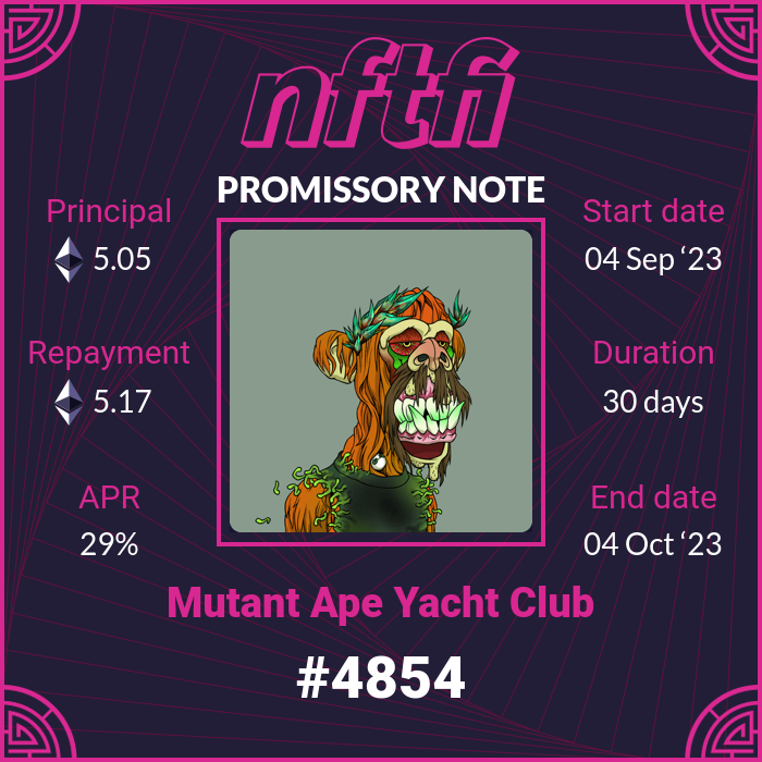 New loan started on MutantApeYachtClub: #4854
    
Loan: 5.05 wETH
Repayment: 5.17037 wETH
Duration: 30 days
APR: 29%
  
app.nftfi.com/assets/0x60e4d…

#MutantApeYachtClub #MAYC