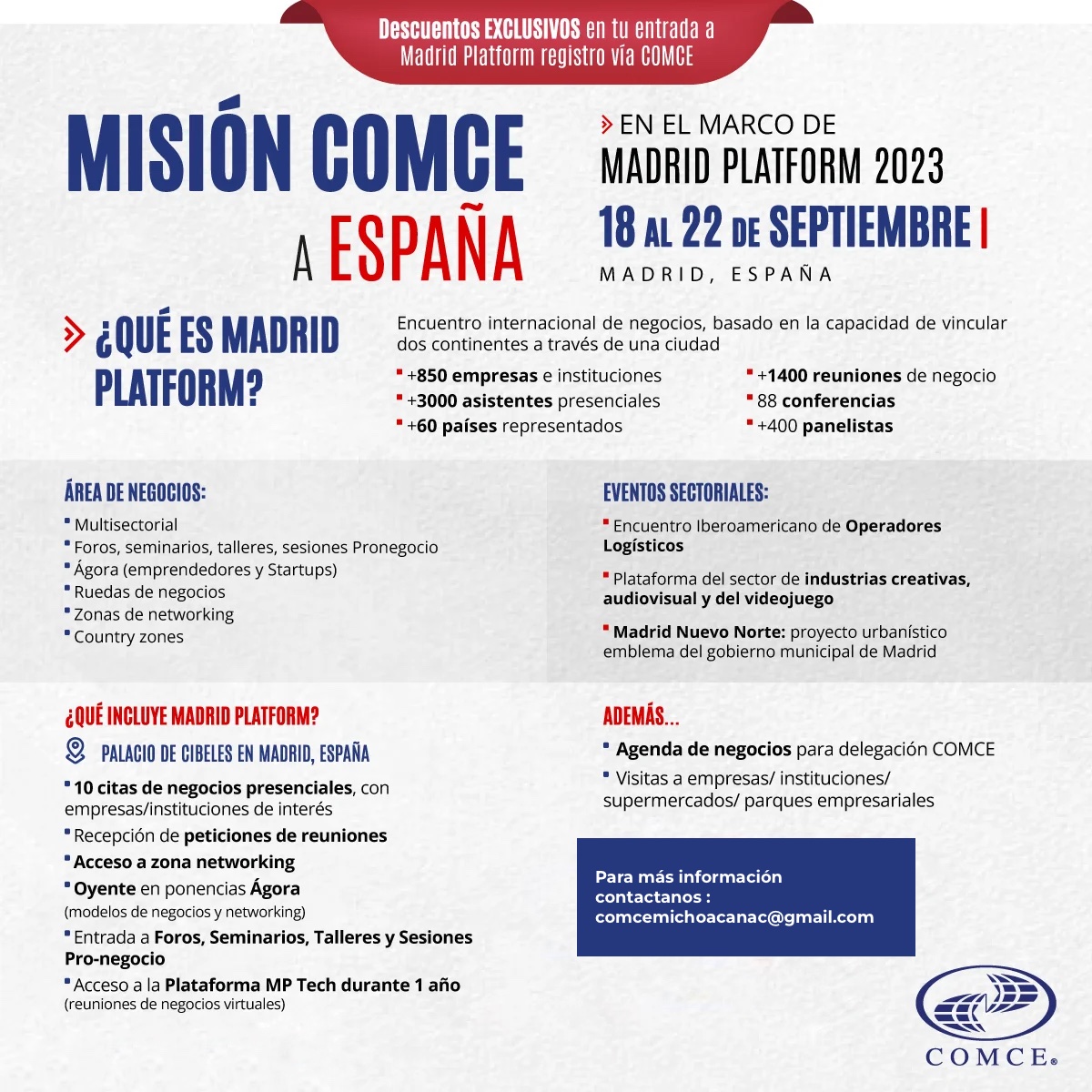 ComceMichoacan's tweet photo. ¡Participa!
MISIÓN COMCE A ESPAÑA
Encuentro internacional de negocios, basado en la capacidad de vincular
dos continentes a través de una ciudad
🗓️18 al 22 de septiembre
Madrid, España.
Información: comcemichoacanac@gmail.com
#SomosCOMCE #España https://t.co/I0CILECqcy