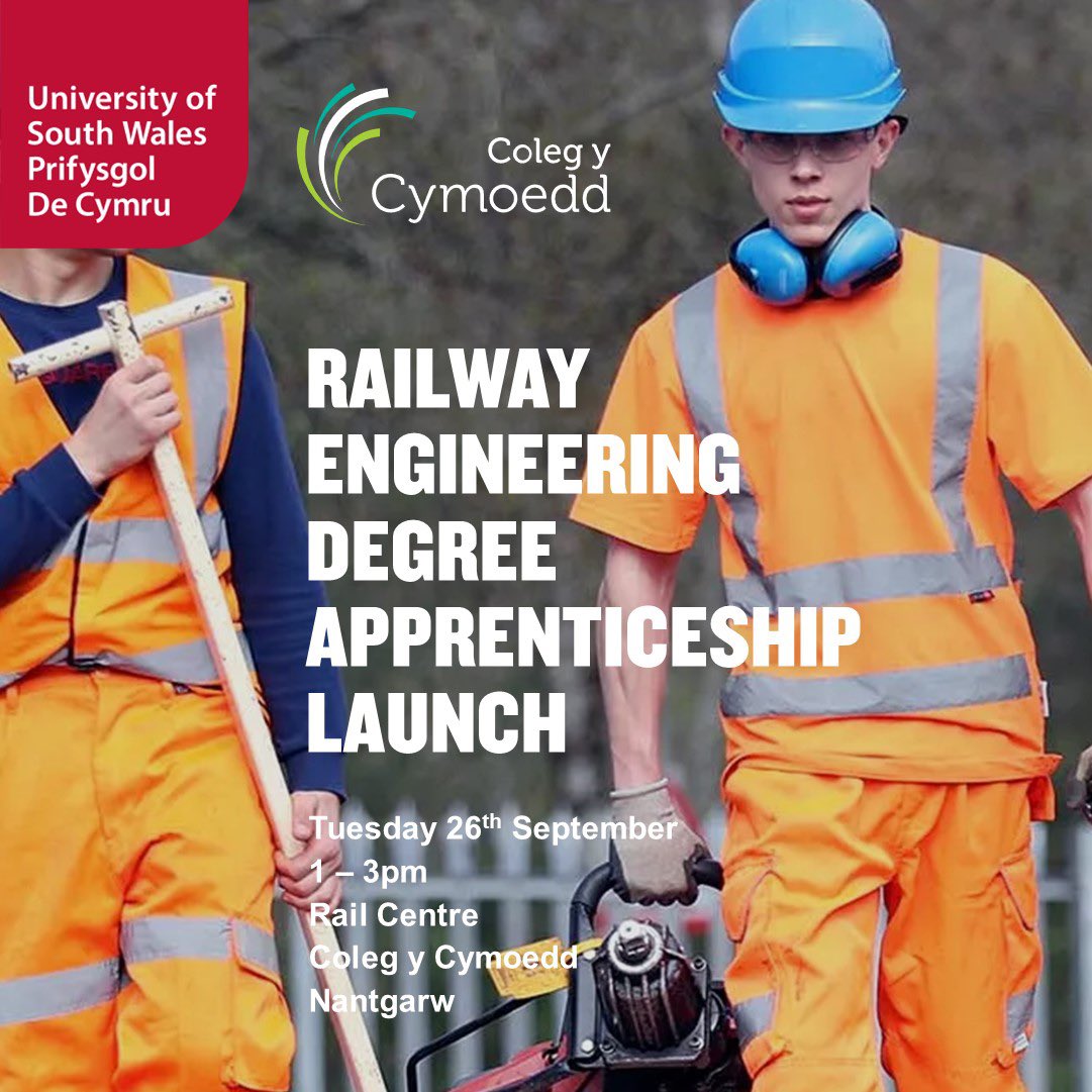 <a href="/UniSouthWales/">University of South Wales</a> and @ColegyCymoedd are pleased to invite stakeholders to join us at an event to celebrate the launch of the new Railway Engineering Degree Apprenticeships:

📅  26/09, 1-3pm
📍 Rail Centre, CYC Nantgarw

Book your place: bit.ly/3EprE32

<a href="/USWExchange/">(Inactive) USW Exchange</a>
