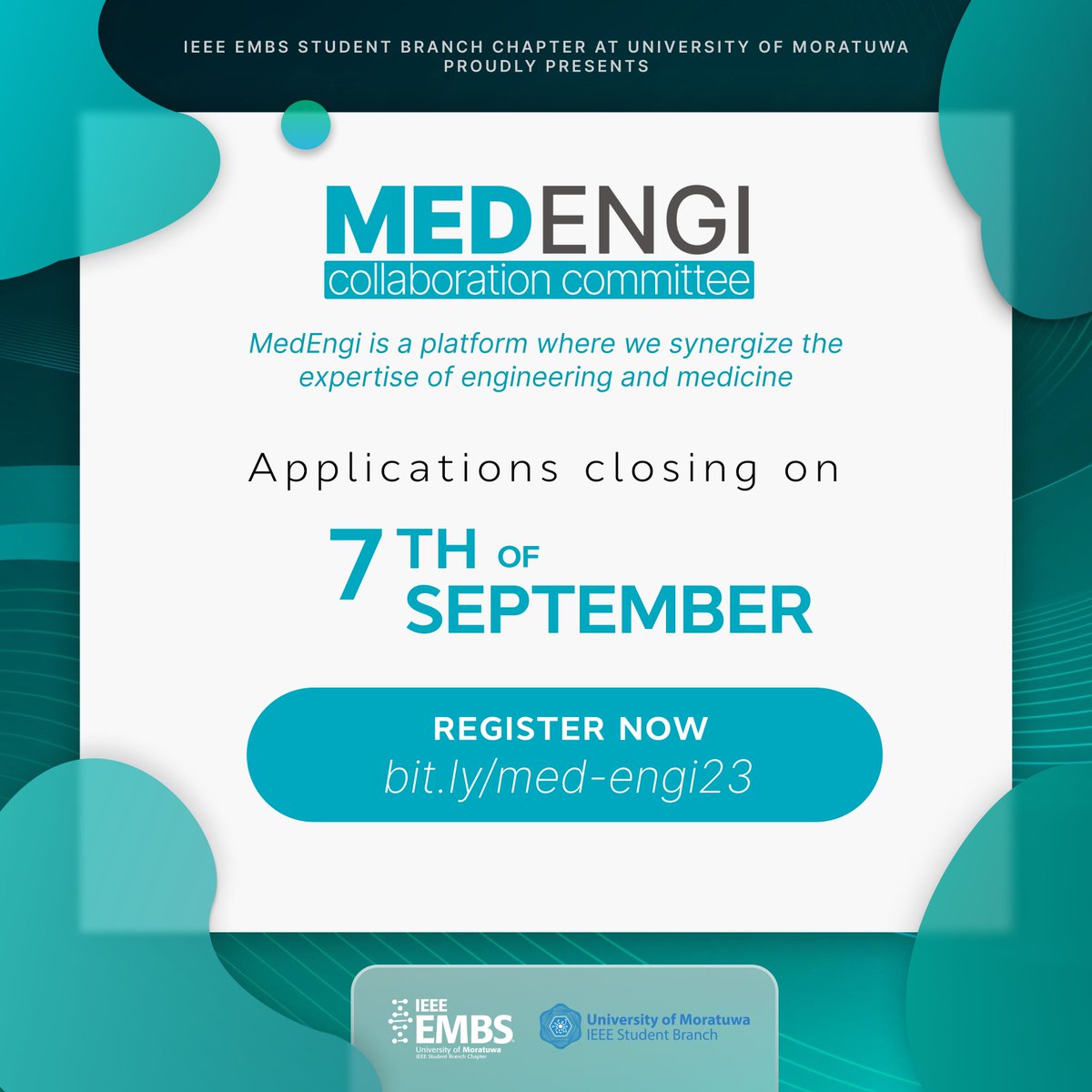 Still couldn't apply for the MedEngi Collaboration Committee?

Click the link below and register before 7th September 2023.

Registration: bit.ly/med-engi23 

Booklet: bit.ly/med-engi-bookl… 

#EMBS #IEEE #UoM