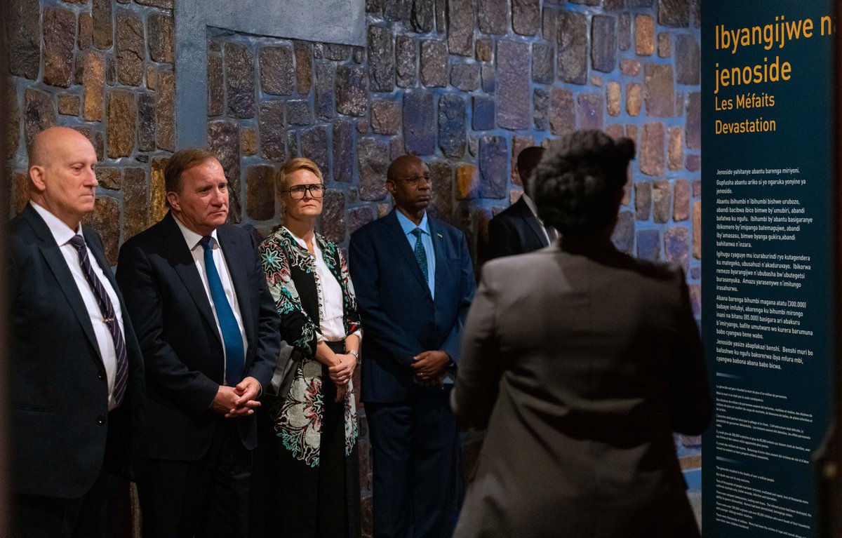 Kigali_Memorial's tweet photo. @SwedeninRW @RwandaMoD Accompanied by @SweAmbRwanda, Mr. Stefan Löfven and his delegation toured memorial exhibition that details the causes, reality and consequences of the Genocide against the Tutsi as well as the incredible stories of post-genocide reconstruction. https://t.co/7DAGMHHz4A