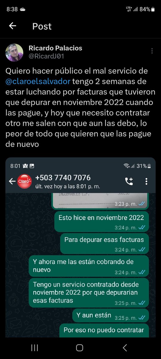 RicardJ01's tweet photo. El viernes publique esto @claroelsalvador y me dijeron que me ayudarían, hoy lunes sigo esperando respuesta y esa ayuda por que sigo sin poder realizar la contratación por la ineptitud de las personas que ahí trabajan @Defensoria_910 @alertux @nayibbukele https://t.co/CubQKVhlFt