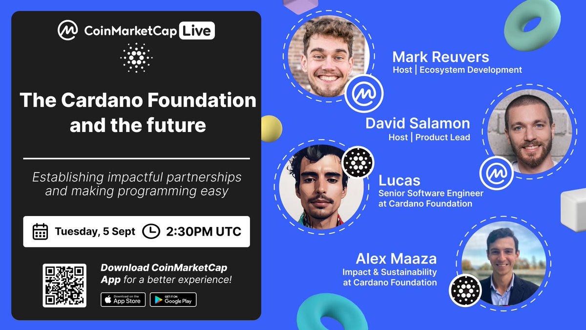 #CMCLive: The Future of @Cardano/@Cardano_CF 🎙️ ft @rvcas and @planetmaaz 🗓️ Set your Reminder: coinmarketcap.com/community/post… We'll touch base on: 🔹 The #Cardano Foundation and its future 🔹 Cardano's new programming language #Aiken 🔹 Cardano's mission for sustainable impact