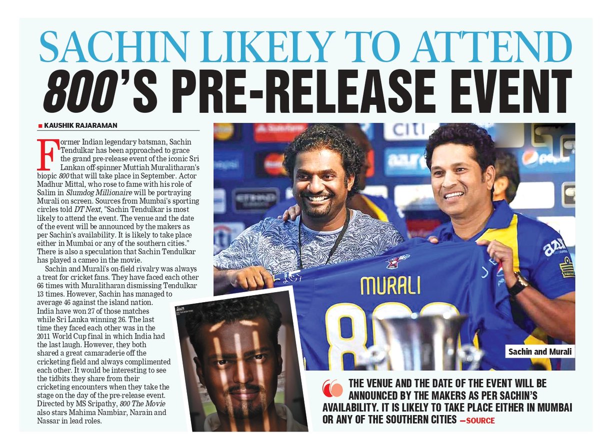 We told ya on August 15 :) @sachin_rt to unveil the teaser of #800TheMovie at an event in #Mumbai tomorrow. Probably they missed out on another important name. @Sanath07 too will be present

 @dt_next #MadhurMittal #MuthiahMuralidaran #SachinTendulkar #SanathJayasuriya