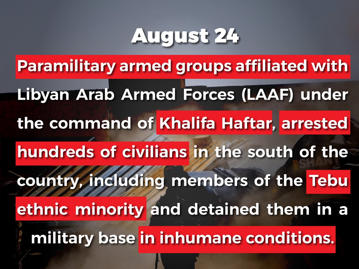 CIHRS_Alerts's tweet image. #Libya: @CIHRS_Alerts calls on #Haftar forces to release all those still #arbitrarily #arrested, to refrain from #targeting #civilians during #military operations, and to end the #forced #displacement of hundreds of #Tebu families.