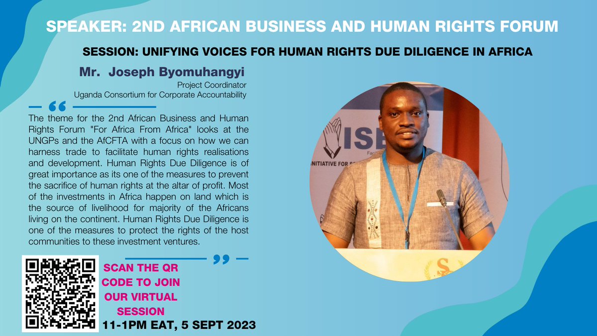 Joining us as a speaker during our Human Rights Due Diligence (HRDD) session tomorrow is @jbyomuhangyi from Uganda Consortium for Corporate Accountability. He informs us of the importance of HRDD, ahead of our Unifying Voices for HRDD session tomorrow. 
📍Mandela Hall
⏰11-1PMEAT