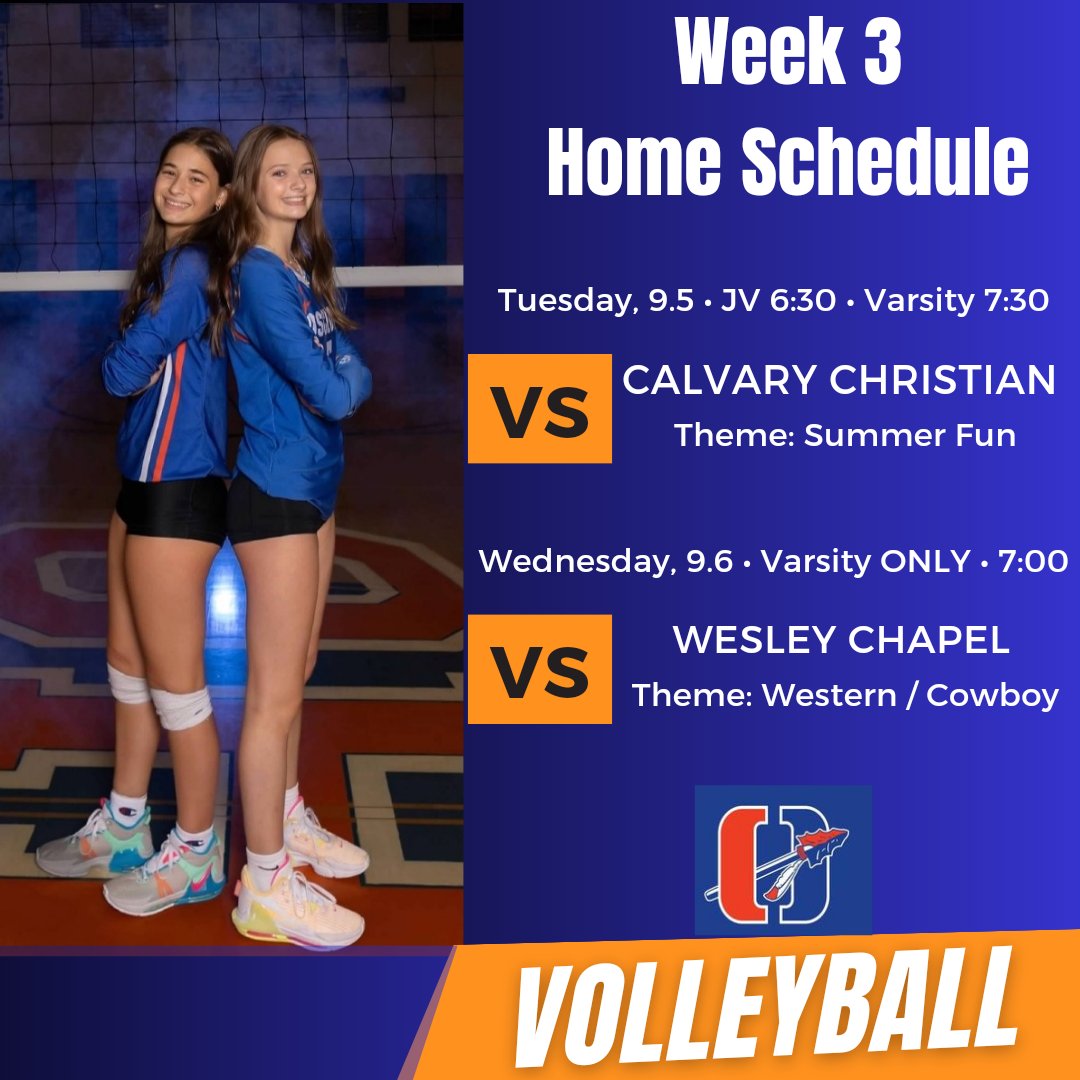 Join us for an exciting week of OFHS Volleyball! 📅 Tuesday, 9/5 🕕 6:30 PM JV | 🕢 7:30 PM Varsity 🆚 Calvary Christian 🌞 Theme: Summer Fun ☀️ 📅 Wednesday, 9/6 🕖 7:00 PM Varsity Match 🆚 Wesley Chapel 🤠 Theme: Western / Cowboy 👢 #Tribe #WarriorNation #OFHSVBALL