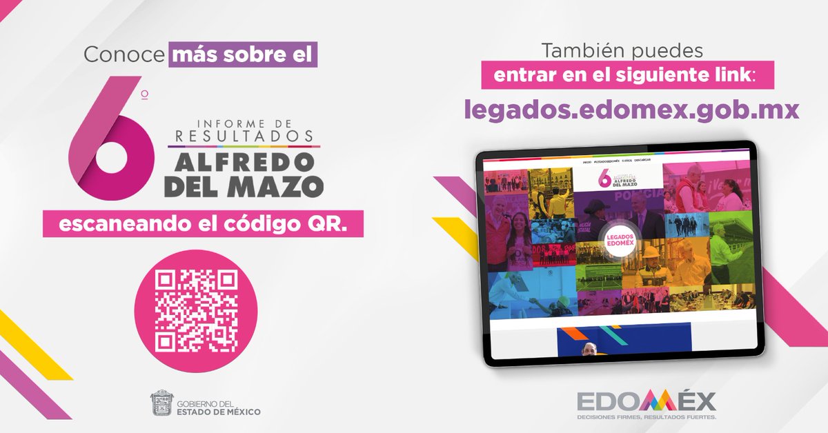 #6toInformeEdoméx || Conoce las acciones que el Gobernador <a href="/alfredodelmazo/">Alfredo Del Mazo</a> ha realizado durante su administración para beneficio de las familias mexiquenses.

Ingresa al siguiente link 👉 legados.edomex.gob.mx o escanear el código QR.