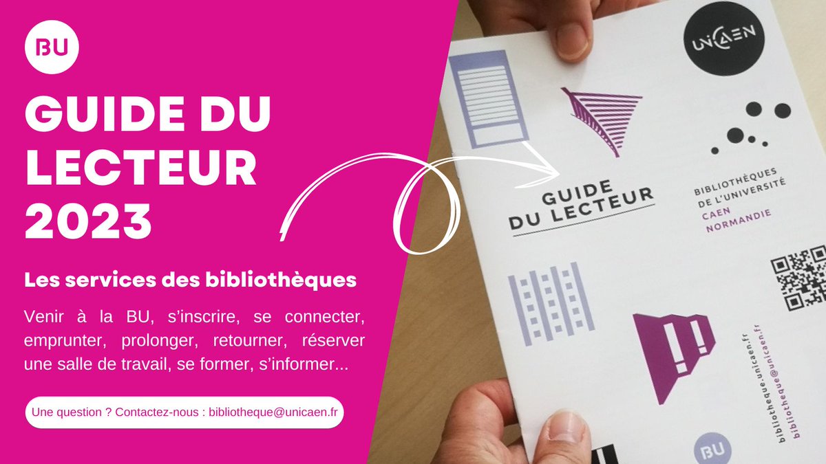Le guide du #Lecteur des #Bibliothèques <a href="/Universite_Caen/">Université de Caen Normandie</a> 2023 est sorti !
Nouvel étudiant ou lecteur assidu, n'hésitez pas à le demander au bureau de prêt pour connaître tous les services des #BU
Savez-vous que les BU ouvrent jusqu'à 23h du lundi au vendredi et les week-ends ?