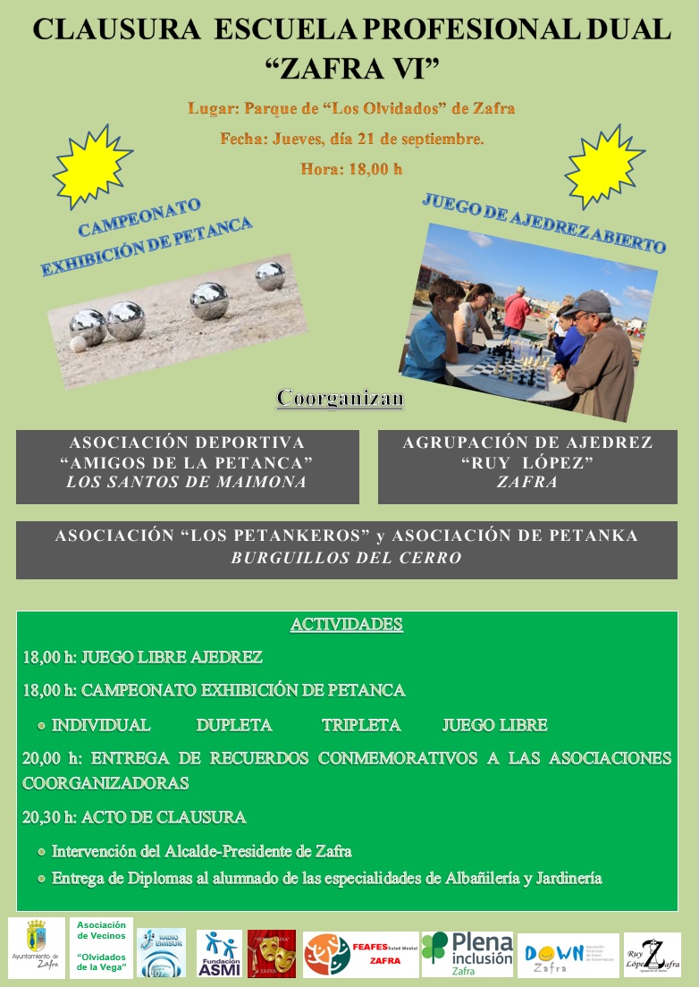 ClubRuyLopez's tweet photo. El 21/09/23, 18:00h, tendrá lugar, en el parque de "Los olvidados" de Zafra, la Clausura de la Escuela Profesional Dual "Zafra VI" en la que habrá ajedrez, petanca, etc. Es un placer colaborar con este tipo de actividades que hacen enriquecer y embellecer nuestra ciudad. https://t.co/H3rsXDhDMM