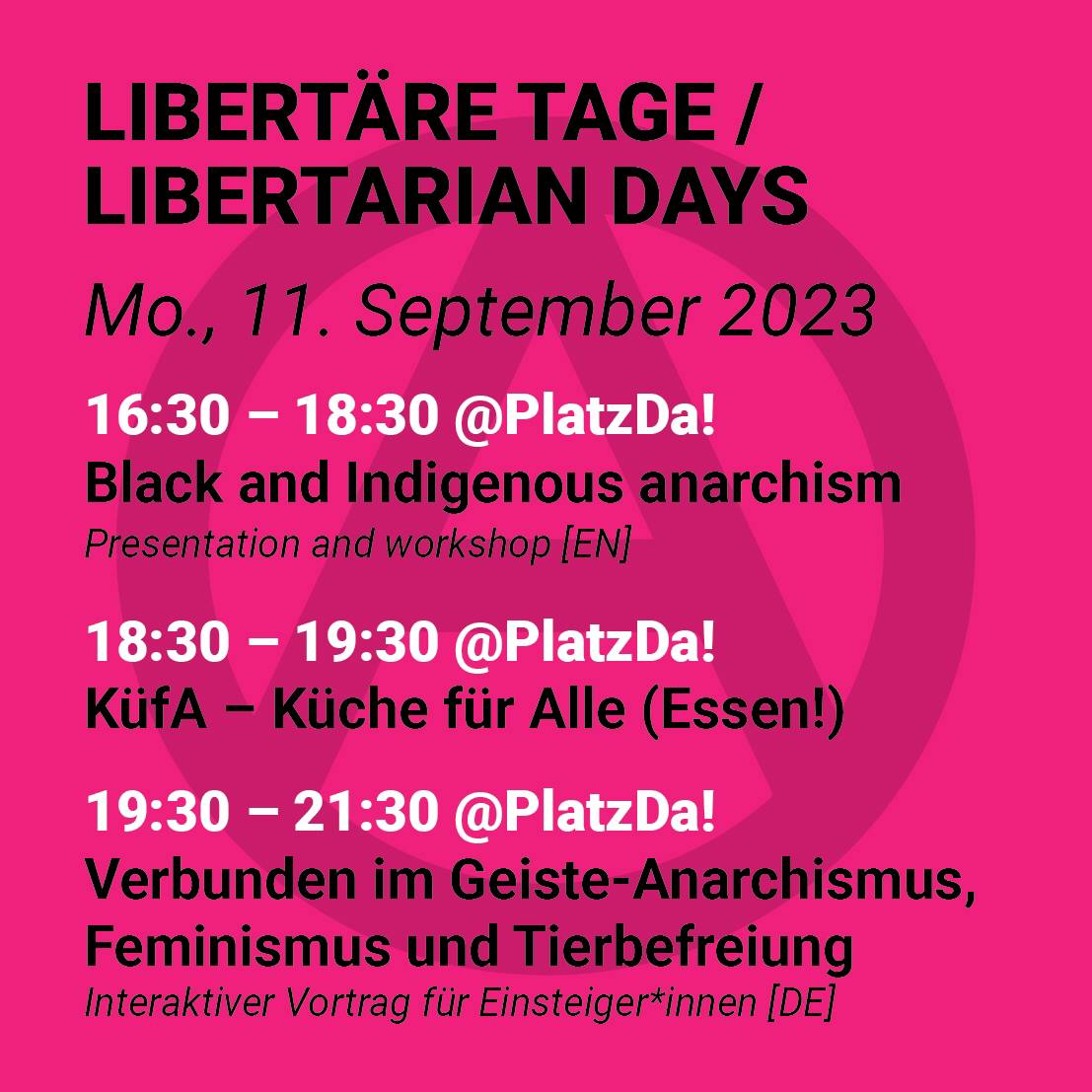 Heute in einer Woche gehts los!

📷Libertäre Tage 2023📷

Das Programm für Montag 11. September im PlatzDa! In Löbtau

(Ganzes programm hier: a-dresden.org/lita2023/)
#Lita2023 #anarchism