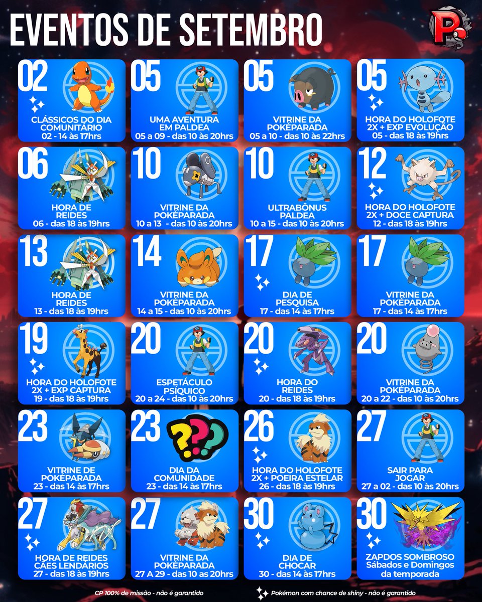 pelozinn's tweet photo. 📅 Calendário com tudo que vai rolar em setembro/23 #PokemonGO 

⭐Hora do Holofote: toda terça-feira, 18h, horário local.

💥Hora Lendária: toda quarta-feira, 18h, horário local, Reides 5 Estrelas.

⚡️Zapdos Sombroso ao sábados e domingos até o final da temporada.
@PokemonGOptBR https://t.co/MDkcWeSt6h