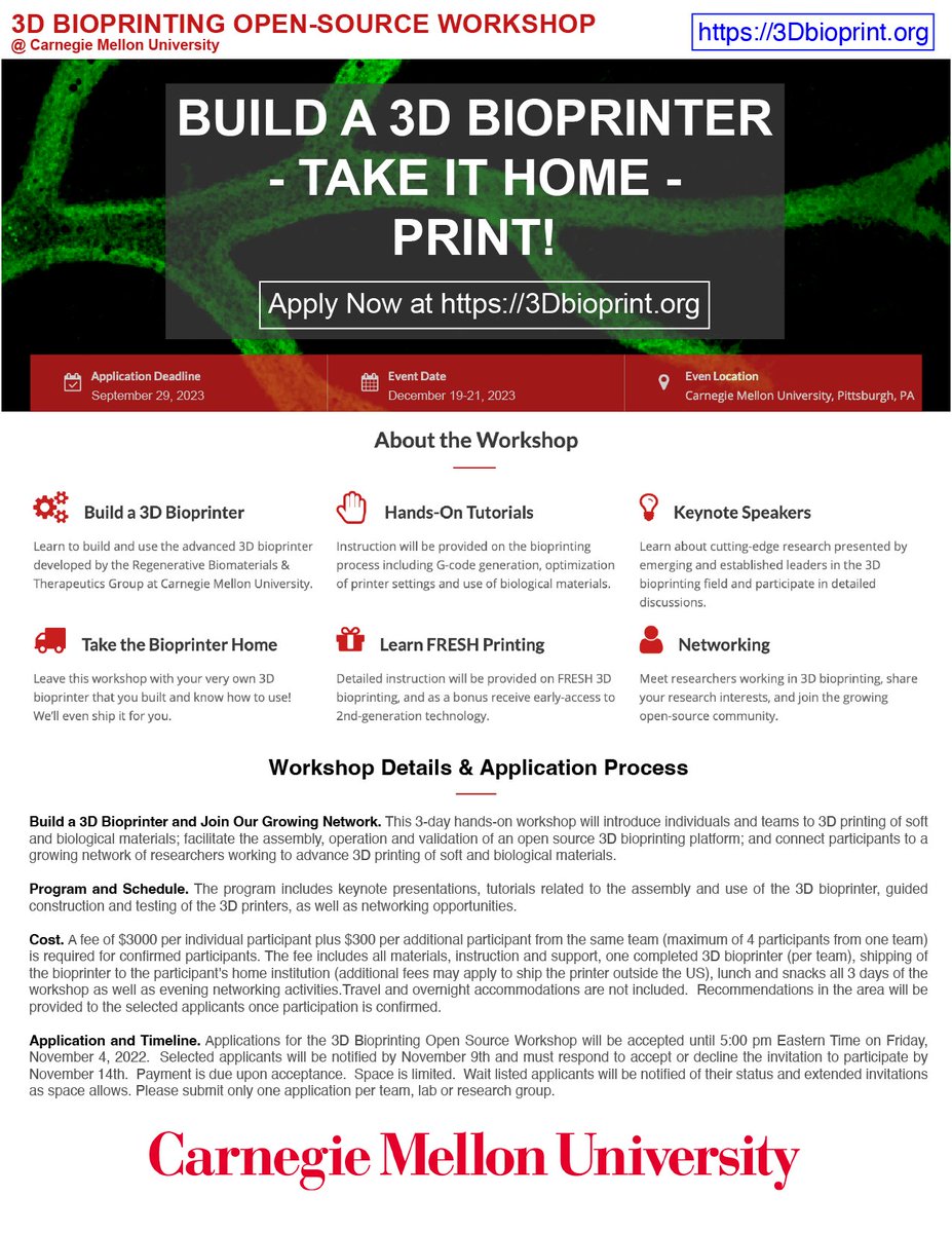 Announcing our 5th #3Dbioprinting #Opensource Workshop where participants actually build a 3D bioprinter and take it home! Please consider joining us from Dec 19-21, 2023. Application deadline is Sept 29th. Apply now 3dbioprint.org!!! @cmu_bme @cmu_mse @CMUEngineering