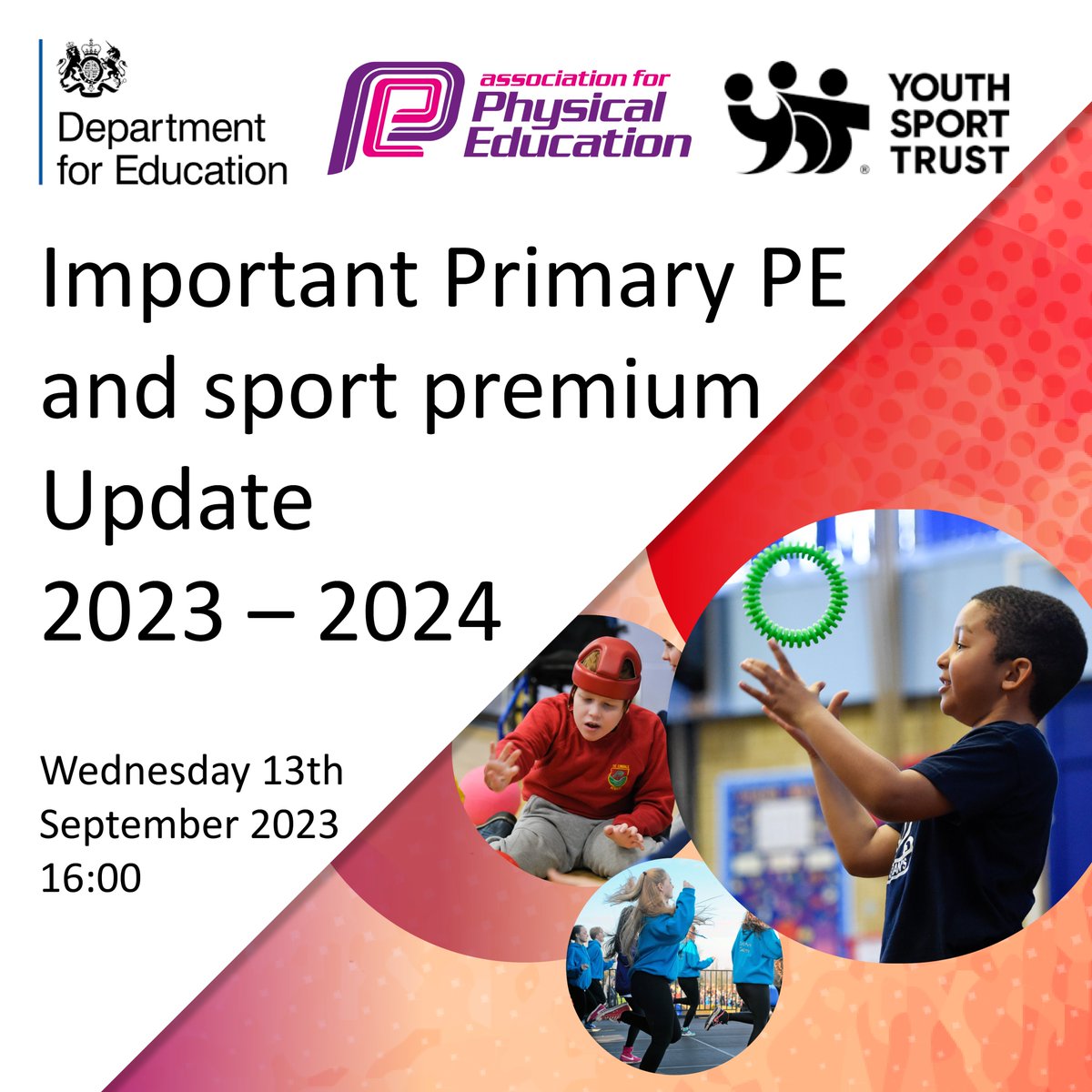 Youth Sport Trust (@youthsporttrust) on Twitter photo We are delighted to invite you to an important primary PE and sport update led by <a href="/educationgovuk/">Department for Education</a>, Youth Sport Trust and <a href="/afPE_PE/">Association for Physical Education</a>.
📢 Wednesday 13 September
Submit any questions via the link below 👇
The reporting template has also been updated.
us02web.zoom.us/webinar/regist… We are delighted to invite you to an important primary PE and sport update led by <a href="/educationgovuk/">Department for Education</a>, Youth Sport Trust and <a href="/afPE_PE/">Association for Physical Education</a>.
📢 Wednesday 13 September
Submit any questions via the link below 👇
The reporting template has also been updated.
us02web.zoom.us/webinar/regist…