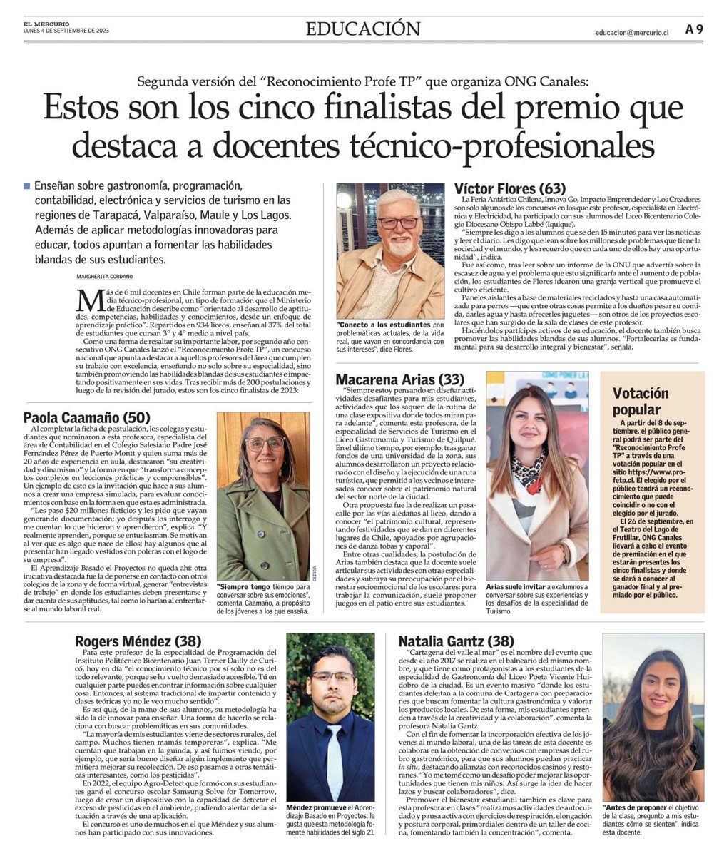 ciled_udd's tweet photo. Felicidades a estos cinco #ProfeTP finalistas del reconocimiento de @ONGCanales. Un reconocimiento especial a Macarena Arias, actual estudiante de nuestro diplomado Innovación en Liderazgo Educativo 🙌 ❤️. https://t.co/0ANm7NmnW2