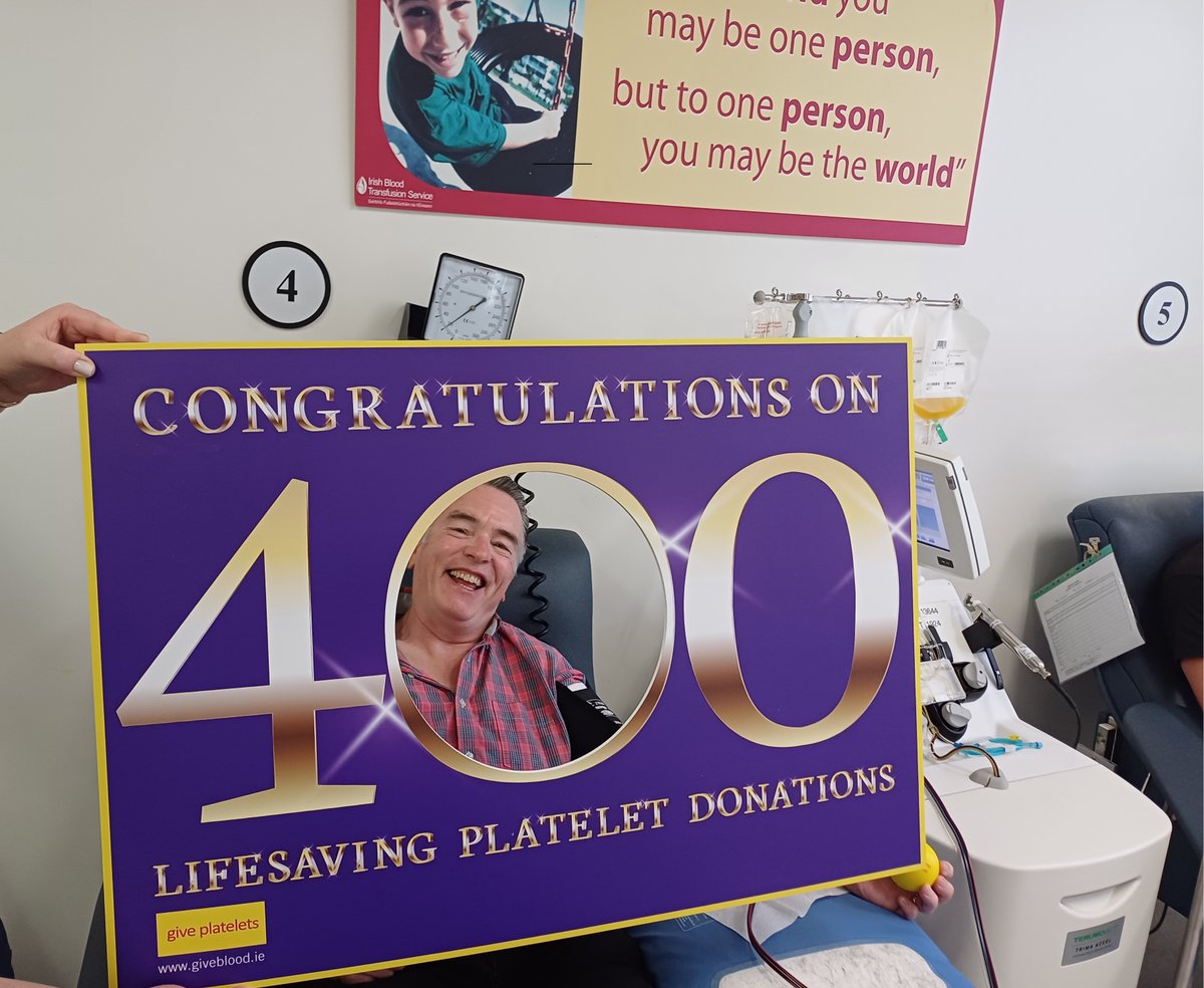 Congratulations to our fabulous platelet donor Basil Hudson who gave his 400th platelet donation at our Dublin Clinic.  Thank you from everyone on our platelet teams for supporting patients in our hospitals ❤#GivePlatelets