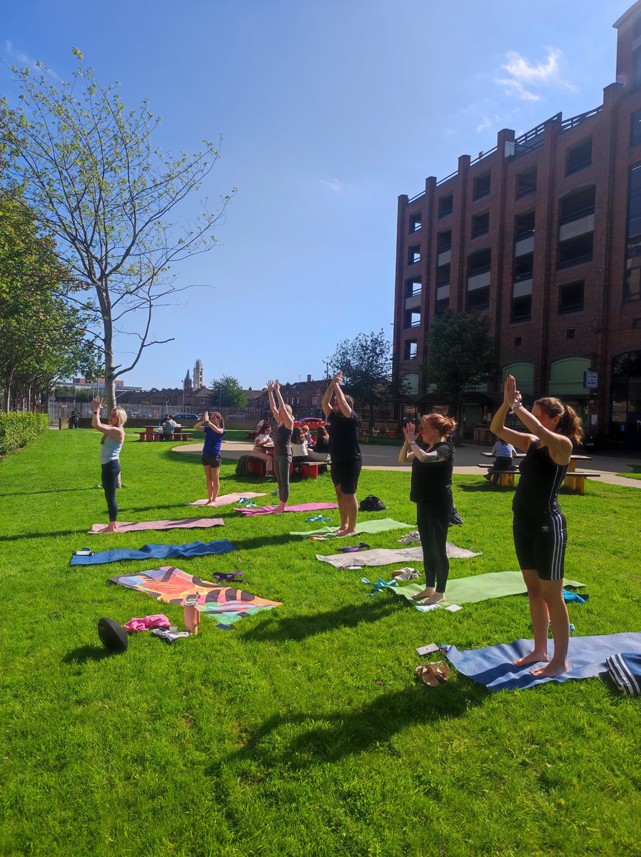 LinenQuarterBID's tweet photo. A wonderful day for Yoga at #BankmoreSquare with @SuitorYoga. The final event of our summer program at the square is this Wednesday, where we will have a petting zoo from 12-2pm. Come by for a cuddle! πππΎ https://t.co/sm7cSGKkYB