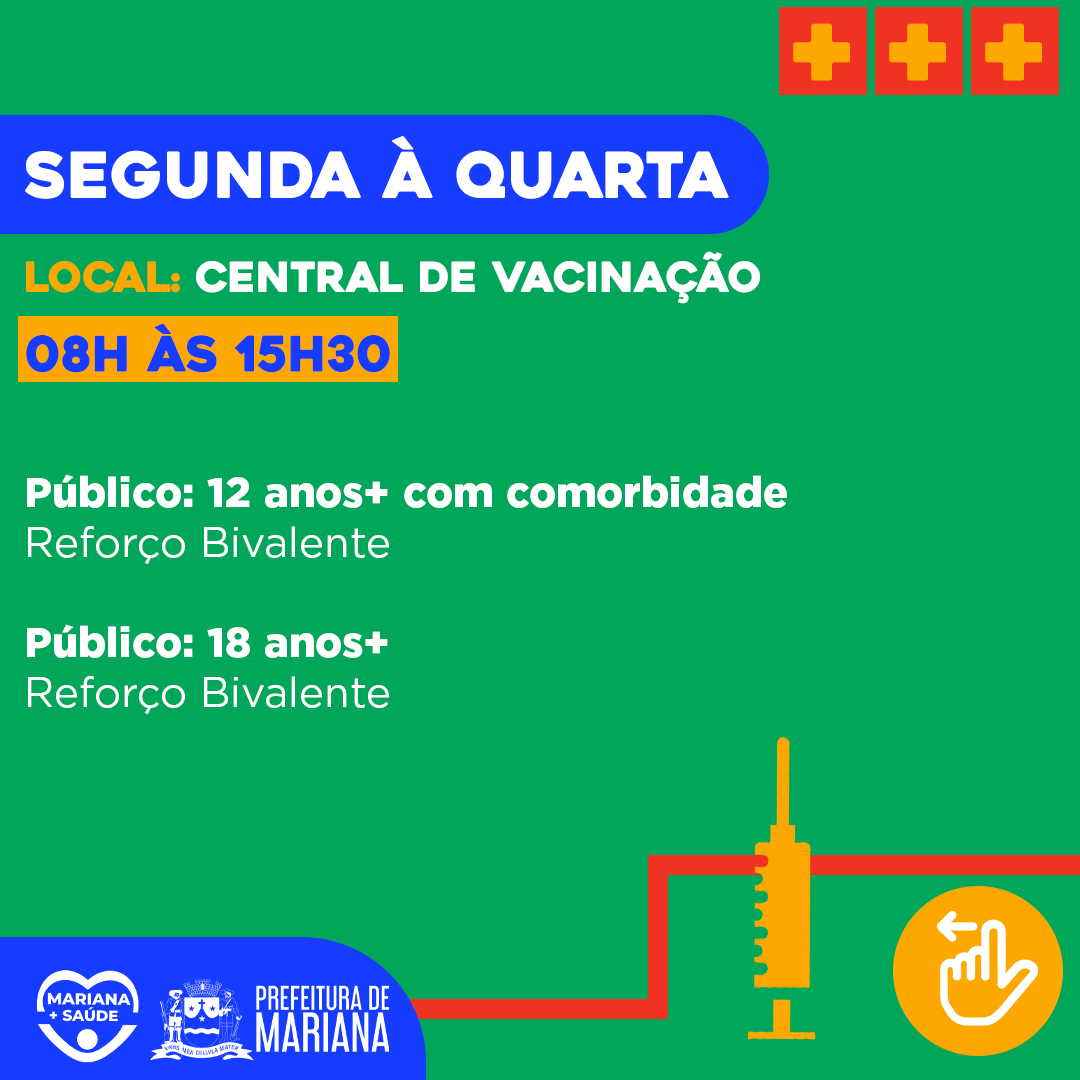 PrefMariana's tweet photo. 💉 Confira a agenda de vacinação desta semana! Lembrando que a Central de Imunização não realizará atendimentos nos dias correspondentes ao recesso do feriado de 7 de setembro.

Disponibilizaremos doses contra Covid-19 para públicos específicos. Veja agora mesmo! https://t.co/escqTDOFKF