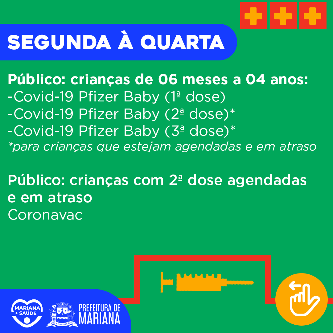 PrefMariana's tweet photo. 💉 Confira a agenda de vacinação desta semana! Lembrando que a Central de Imunização não realizará atendimentos nos dias correspondentes ao recesso do feriado de 7 de setembro.

Disponibilizaremos doses contra Covid-19 para públicos específicos. Veja agora mesmo! https://t.co/escqTDOFKF
