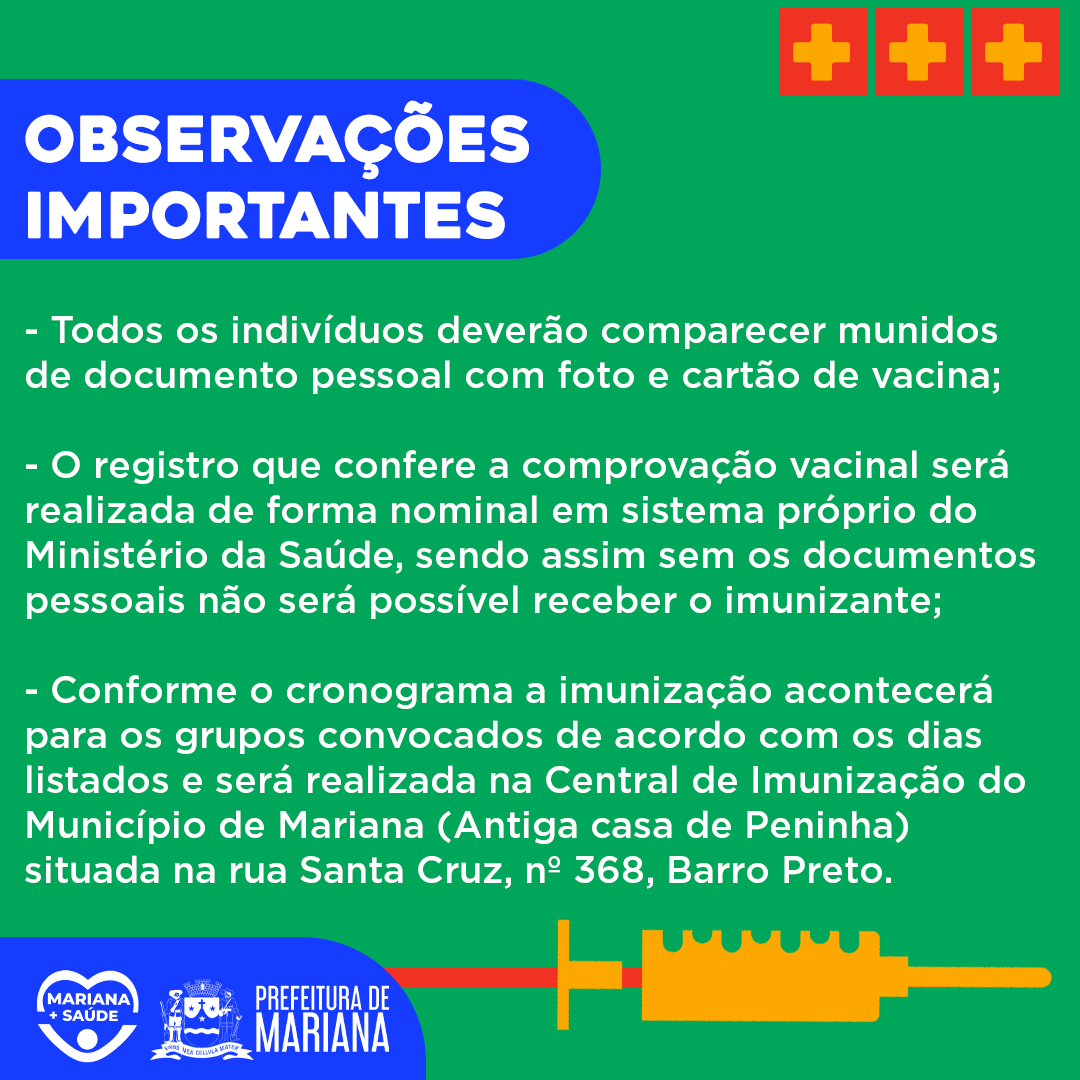 PrefMariana's tweet photo. ▫️Os usuários devem comparecer ao local de vacinação portando documento com foto, cartão de vacina e cartão do SUS. Fique atento a documentação necessária! https://t.co/wWbgtLl64X