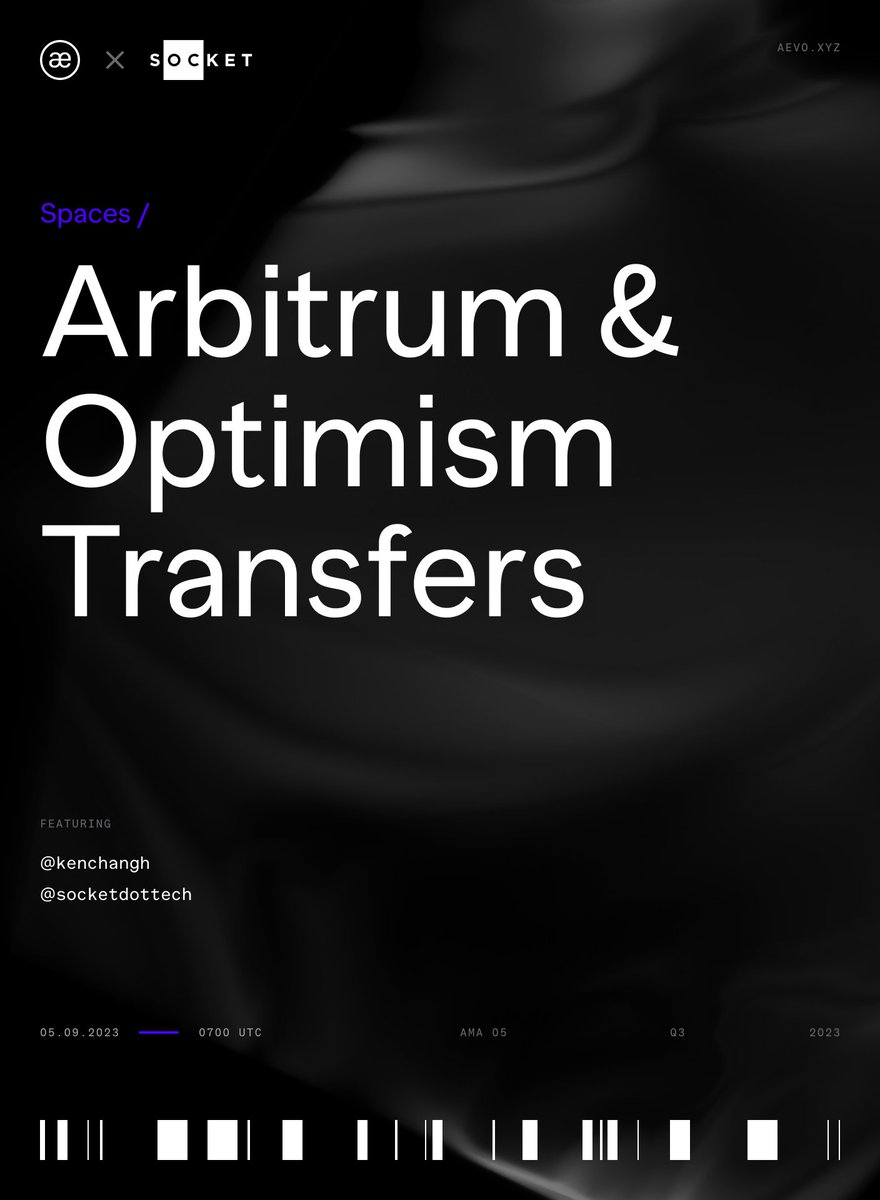Catch us tmrw at 7AM UTC with @SocketDotTech as we discuss enabling Arbitrum and Optimism transfer on Aevo! Set a reminder to tune in ⏰