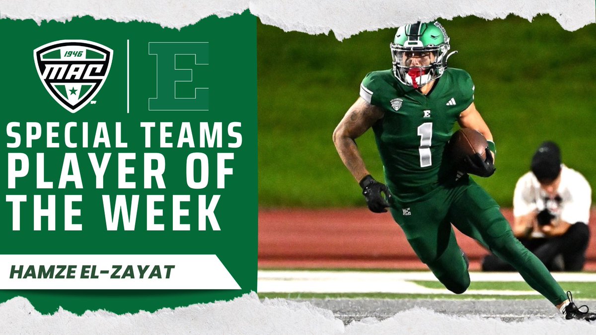 Eastern Michigan’s @helzayat20 put on an impressive display in his debut with the Eagles. El-Zayat finished the game against Howard with 156 all-purpose yards, a career-high, as he returned one kickoff 96 yards for a touchdown, two punts for 42 yards, one reception for 12 yards,