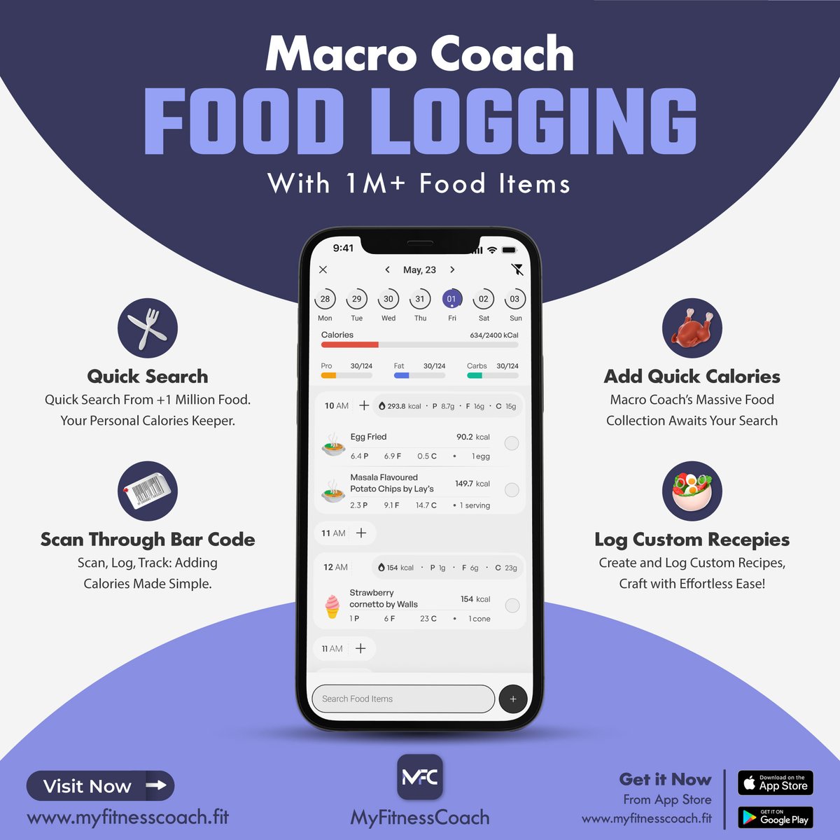 mfc_app's tweet photo. 🥗 Foodies, get ready to level up your culinary adventure! MyFitnessCoach's new feature is here, and it's a game-changer. 🚀

🥗 Quick Search: Quick Search from 1M+ Food.
📋 Create & Log Custom Recipes: Craft your favorite dishes and track them effortlessly.
🔢 Scan through Bar Code: Simply scan barcodes for quick and accurate calorie entry.
📈 Maintain Your Food Record: Stay on top of your nutrition game with ease.

Your kitchen, your rules! 🍳🍣🍩 Get started today! 💪

#FoodLogging #nutritiongoals #healthyeating #myfitnesscoach #weightloss #fatloss #fitness #macrofactor #macrocount #fitnessapp #workoutplan #dietplan
