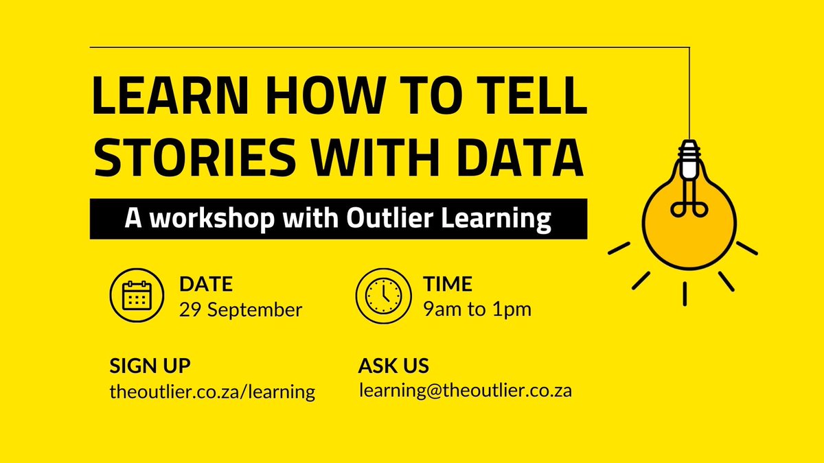 📈A new in-person course to show you how to go beyond numbers to tell compelling stories. This 4-hour workshop is aimed at communications professionals who want to learn how to create effective graphics with easy-to-use tools.
👉 More here: theoutlier.co.za/learning #dataviz