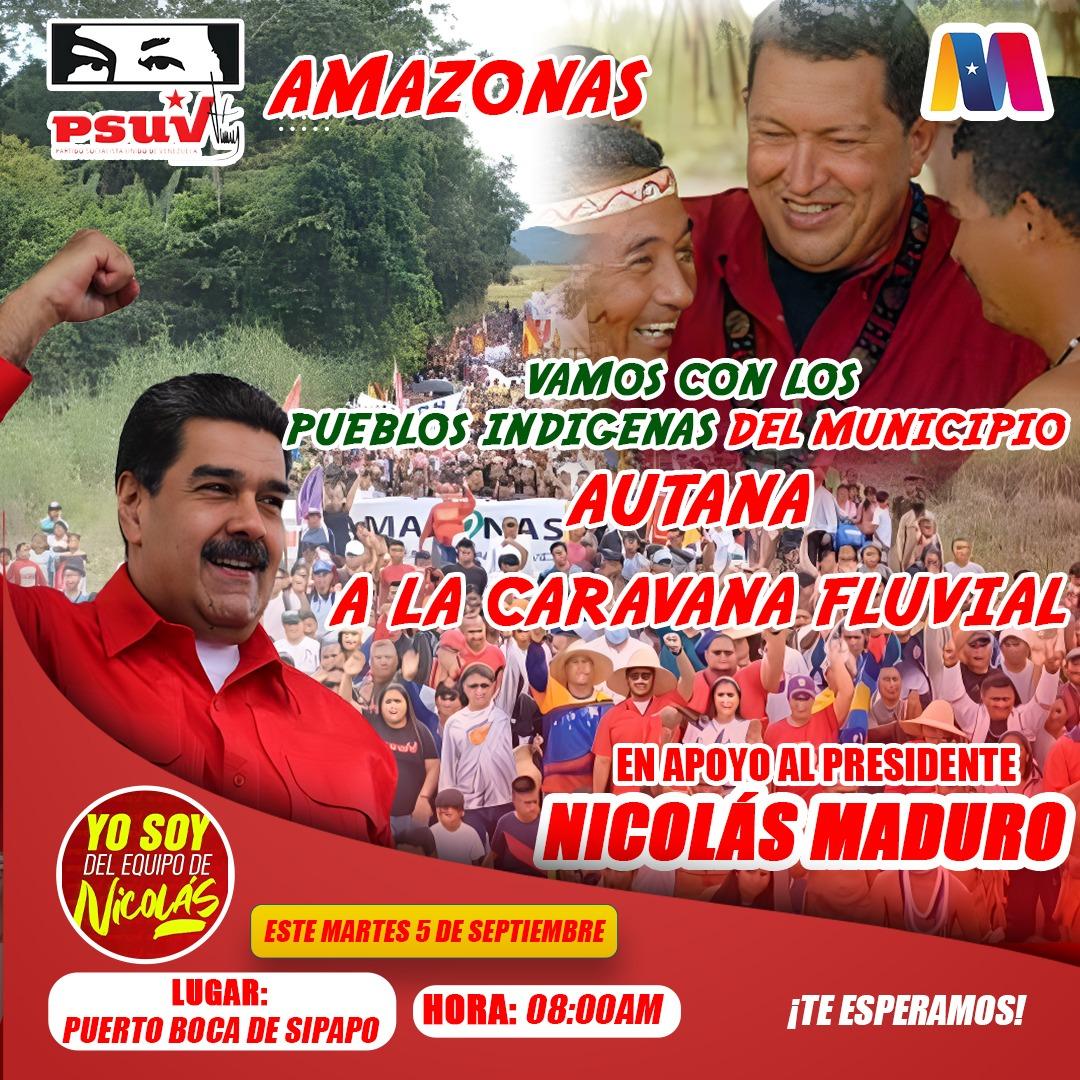 🚩AMAZONAS

🏹 INDÍGENAS| Fuerzas patriotas del <a href="/PartidoPSUV/">PSUV</a> preparados para la CARAVANA FLUVIAL en apoyo al protector del Pueblo <a href="/NicolasMaduro/">Nicolás Maduro</a>

MARTES 05 DE SEPTIEMBRE 
Hora: 08:00AM
Salida: Puerto Boca de Sipapo

<a href="/dcabellor/">Diosdado Cabello R</a> 
<a href="/PartidoPSUV/">PSUV</a> 
<a href="/RanderPena/">Rander Peña Ramírez</a> 

#MeEncantaVenezuela