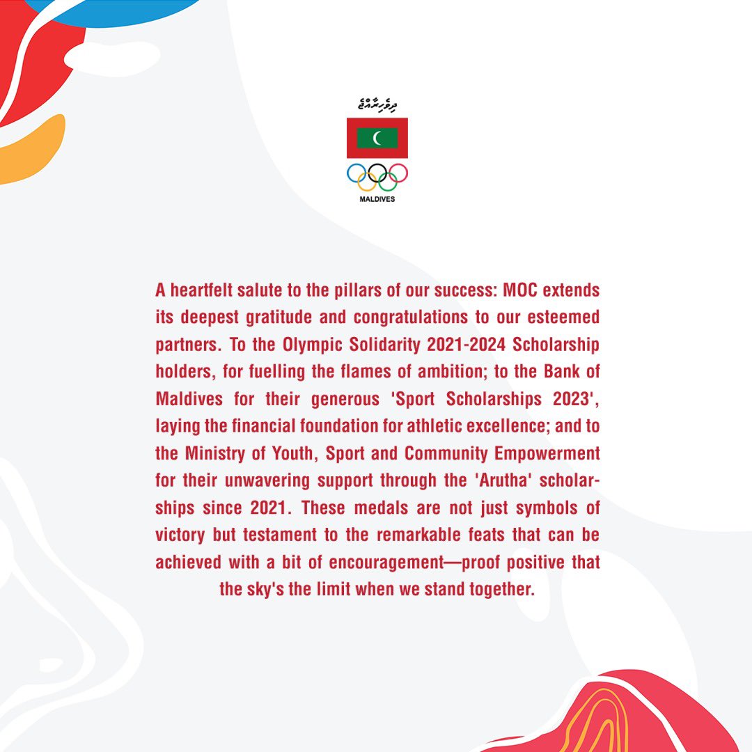 A Heartfelt salute to the pillars of our success. @MoYSCEmv @bankofmaldives #Thayyaarey #IOIG2023 #JIOI2023 #TeamMaldives #KaamiyaabuRaajje #MOC #Olympicmv #maldives