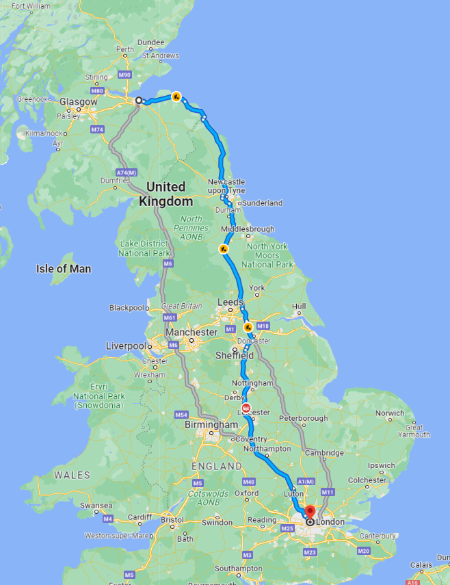 I once drove from edinburgh to london (less than 8hrs if you don't stop) and local london friends acted like it was an insane thing to do. it's about the same as the drive from boston to dc.