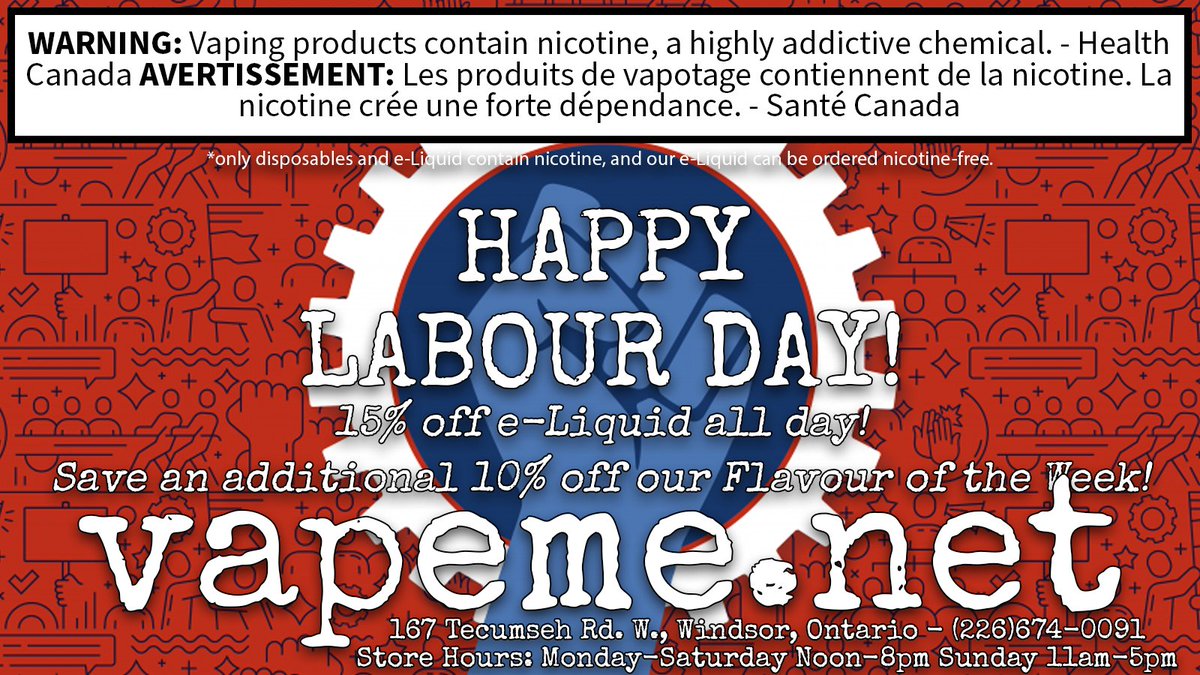 vapemedotnet's tweet photo. HAPPY LABOUR DAY from https://t.co/FFBkN7mvdx Inc.!
15% off all e-Liquid today!
https://t.co/x0wZ6chXyb
*You must be signed in to see the flavours* https://t.co/meyMSzFbvJ