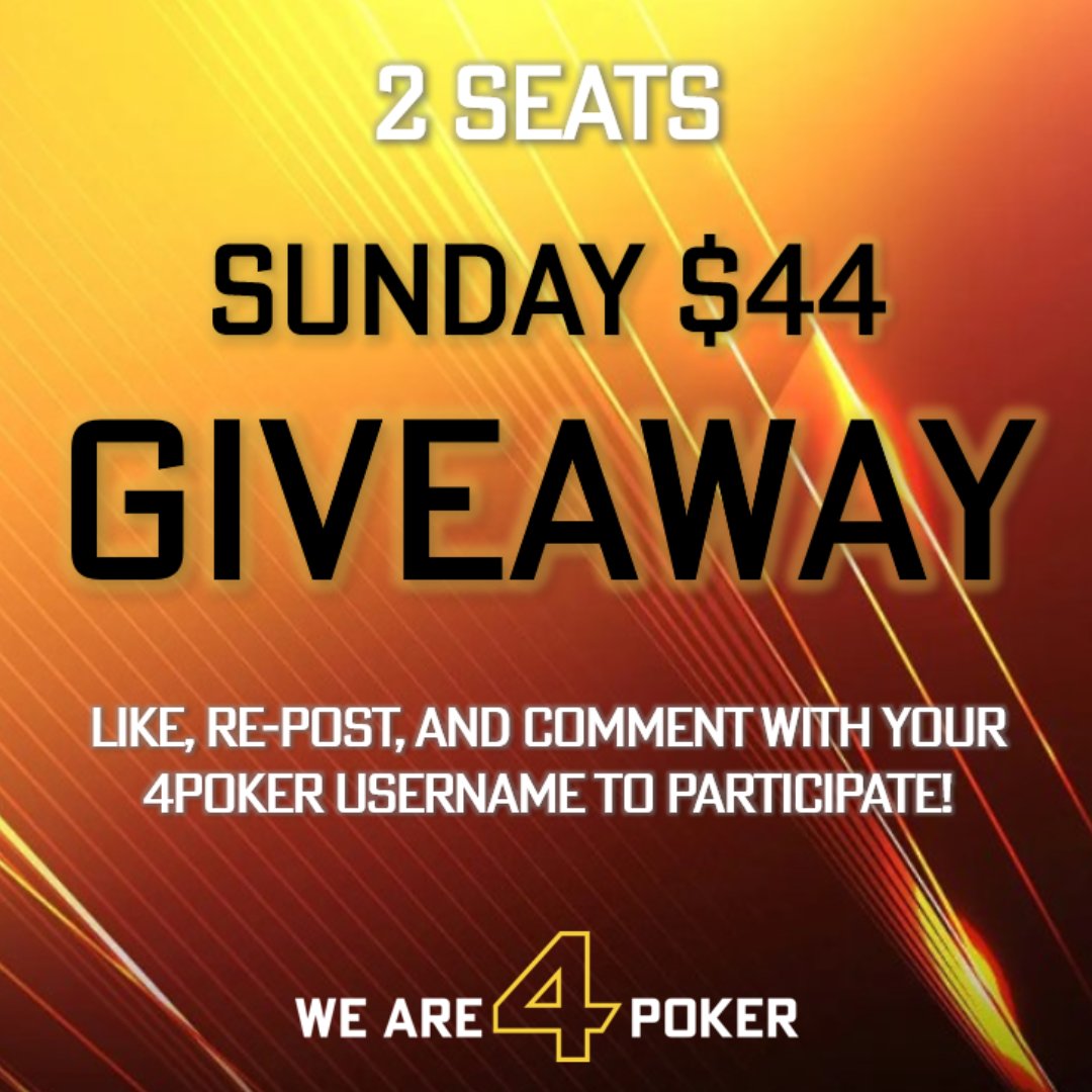 WeAre4Poker's tweet photo. 🚨 2 Seats Giveaway to our Sunday $44 🚨

Follow the instructions below to participate. Giveaway closes Sunday 00:00 ET ♠️

Winners will be randomly picked and announced on time for Sunday's tournament.

Join us: https://t.co/PXAQN8AhSD 🔥

#4Poker #Poker #Giveaway #PokerOnline https://t.co/GoQIMC1cLB