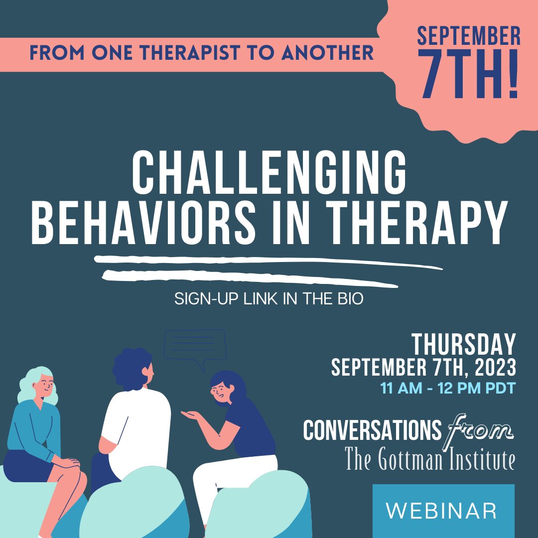 drdanamcneil's tweet image. Get ready to explore challenging behaviors in therapy with me! Join the Gottman Institute's webinar on September 7th from 11 a.m.-12 p.m. PDT by clicking the link in my bio. Can't wait to see you there! 

#gotttman #gottmanmethod #cgt #thegottmaninstitute #education #drdanamcneil