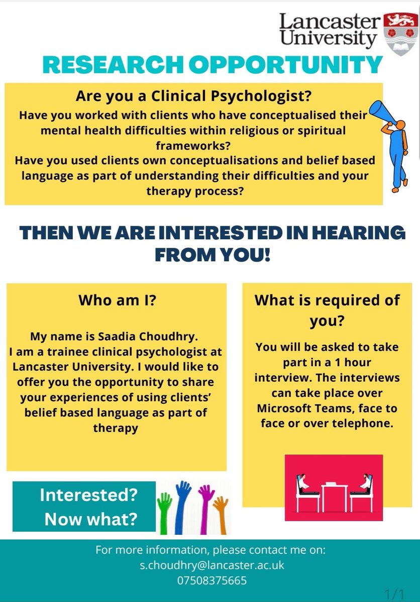 📢📢Participants Needed📢📢

Have you worked with clients who have conceptualized thier mental health difficulties within religious or spiritual frameworks and used their language as part of your therapy process? If so, I would love to hear from you.

S.choudhry@lancaster.ac.uk