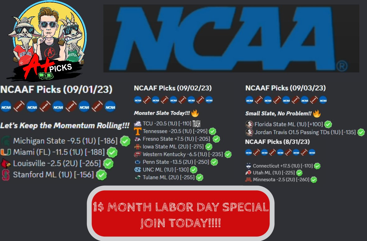 APlusPicks's tweet photo. That's right baby! STEADY RAKIN' THESE COLLEGE FOOTBALL PICKS! AND you can get a month (95% off!) for just 1$ for all our sports picks!!  Join us at https://t.co/G1Z748qJbo and come get a BAG!

#ncaafootball #CollegeFootball #NFLonX #NFLTwitter #gamblingtwitter #sportsbettingx #football #CFBPicks #CFBBets
