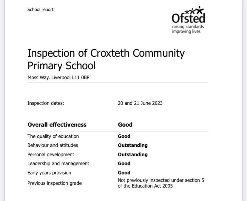 We are delighted to share our Ofsted report. We are exceptionally proud of the report which we feel captures the heart of our school. The judgement is a significant achievement for our community, and we are immensely proud of the progress we have made. 
croxtethprimary.co.uk/about-us/ofste…