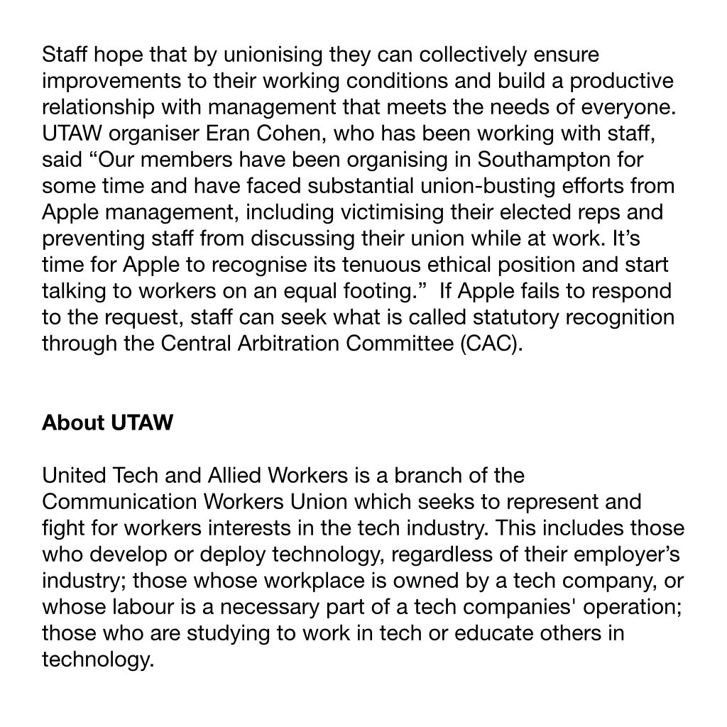 AppleUTAW's tweet photo. 🚨 Staff at Apple Southampton have formally requested management voluntarily recognise our union. UTAW already represents a significant proportion of workers at the retail store, who want better working conditions, job security pay. 🚨 https://t.co/Q7DCR2aFTa