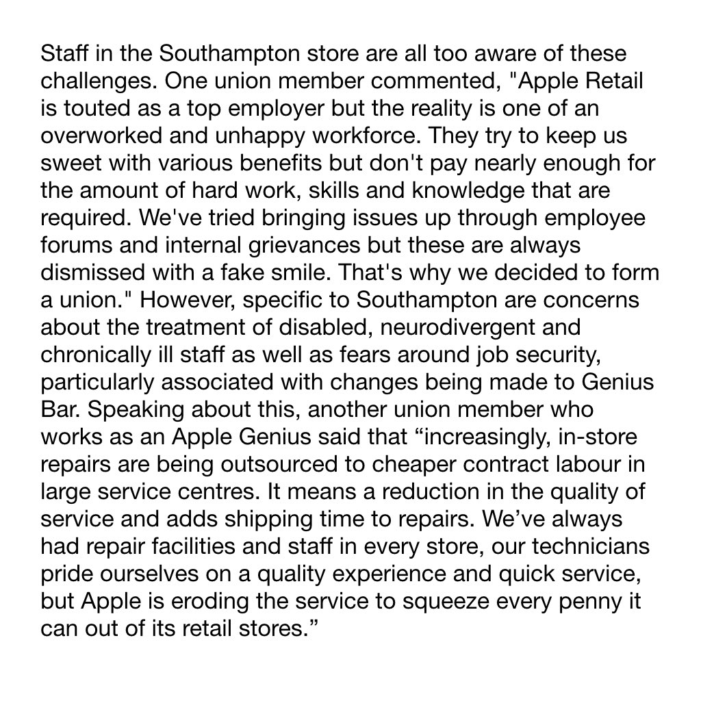 AppleUTAW's tweet photo. 🚨 Staff at Apple Southampton have formally requested management voluntarily recognise our union. UTAW already represents a significant proportion of workers at the retail store, who want better working conditions, job security pay. 🚨 https://t.co/Q7DCR2aFTa