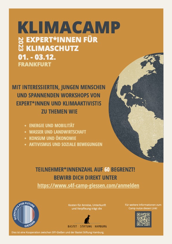 Vom 1.-3.12.23 findet das Klimacamp der <a href="/sciforfuture/">Scientists for Future 🇩🇪 (stillgelegt)</a>  #giessen in Frankfurt am Main statt - erneut finanziert durch die @BastetStiftung! Leitet die Ankündigung gerne an interessierte Menschen weiter (16-26 J.) - Anmeldeschluss 15.10. #jlugiessen #F4F 
s4f-camp-giessen.com