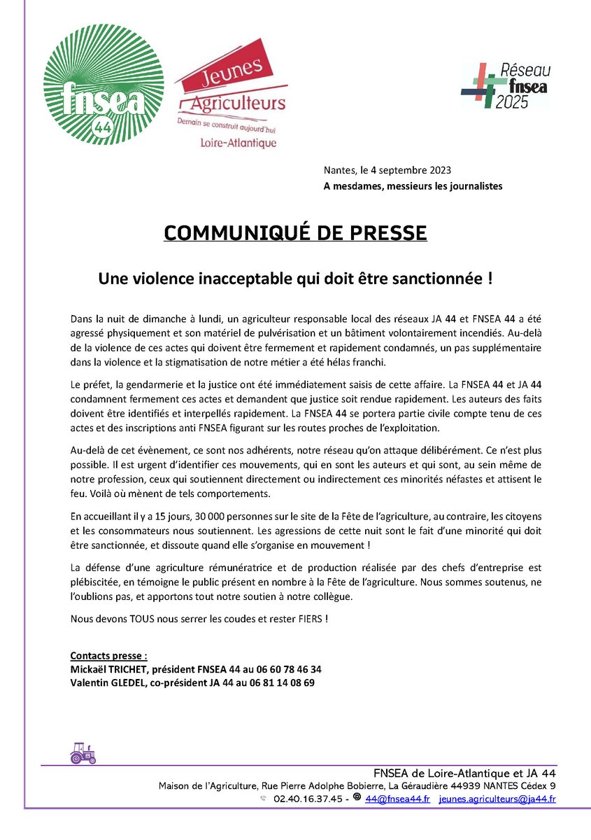 ⚠️[CP]⚠️ #LoireAtlantique Un agriculteur des réseaux <a href="/jeunesagri44/">Jeunes Agriculteurs de Loire-Atlantique JA44</a> et #FNSEA44 agressé physiquement et certains de ses outils de travail incendiés😡 𝐔𝐧𝐞 𝐯𝐢𝐨𝐥𝐞𝐧𝐜𝐞 𝐢𝐧𝐚𝐜𝐜𝐞𝐩𝐭𝐚𝐛𝐥𝐞 𝐪𝐮𝐢 𝐝𝐨𝐢𝐭 𝐞̂𝐭𝐫𝐞 𝐬𝐚𝐧𝐜𝐭𝐢𝐨𝐧𝐧𝐞́𝐞 ! 🔽 drive.google.com/file/d/11xZvEt…