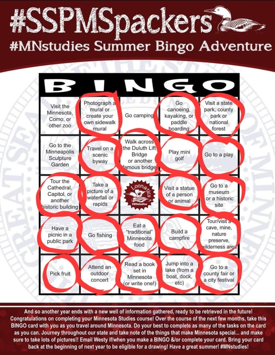 MarkJWestpfahl's tweet image. It appears I&apos;ll be 3 shy of a blackout on my #SSPMSpackers #MNstudies Summer Bingo. How did you do this summer?