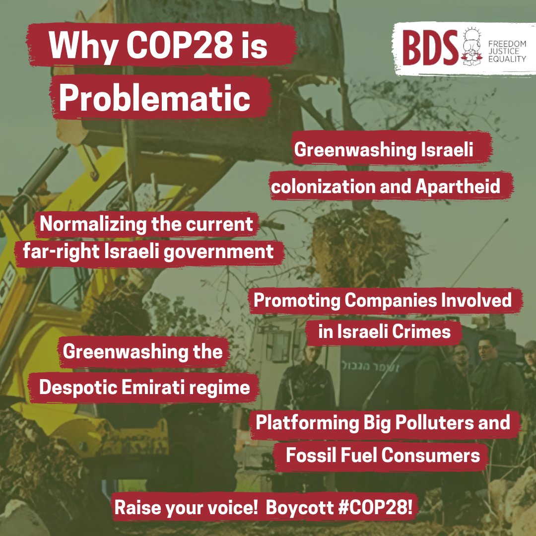 BDSmovement's tweet image. So-called “charity organizations” like the racist &amp;amp; colonial Jewish National Fund build 'parks' atop ethnically cleansed Palestinian villages to hide them. 

Join us in exposing &amp;amp; excluding them from climate mobilizations &amp;amp; summits like  #COP28.

#StopGreenwashingApartheid