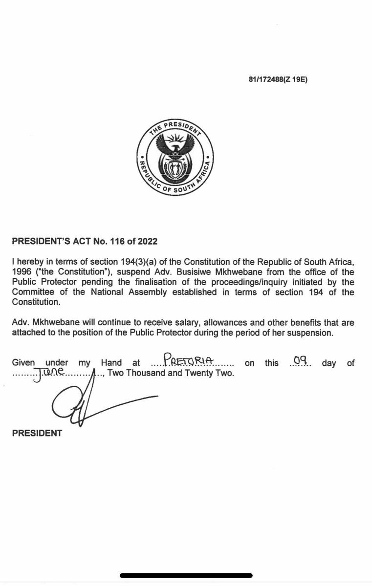 AdvBMkhwebane's tweet photo. Media Alert‼️ 

On 9 June 2022 the President signed a Presidential Minute recording his decision to suspend the Public Protector,Adv Busisiwe Mkhwebane “pending the finalisation of the proceedings/inquiry initiated by the Committee of the National Assembly established in terms of section 194 of the Constitution”.

According to the section 194 proceedings/inquiry has now been finalised.The period of suspension defined in the Presidential Minute issued in terms of section 194(3)(a),read with section 101(1)of the Constitution,has expired.

Therefore and as a matter of courtesy and protocol Advocate Mkhwebane has advised President Ramaphosa that she will be reporting back to work tomorrow morning on Tuesday 5 September 2023.