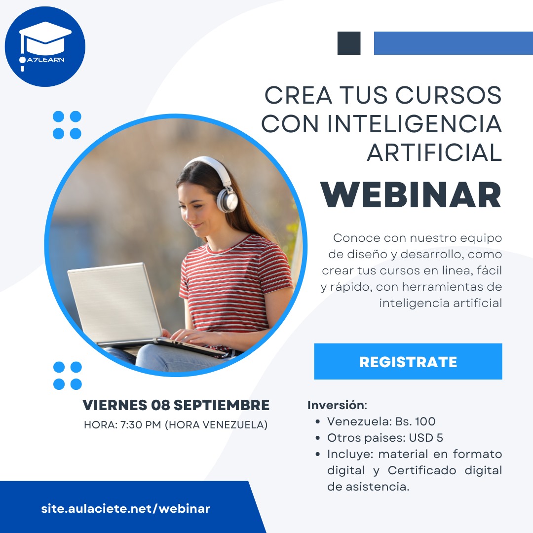 a7learn's tweet image. *Crea tus cursos en línea, fácil y rápido, con herramientas de inteligencia artificial*

Participa en esta experiencia totalmente síncrona

Más detalles y registro en site.aulaciete.net/webinar